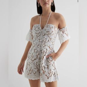 NWT Express Embroidered Crochet Off The Shoulder Halter Romper. Size XS